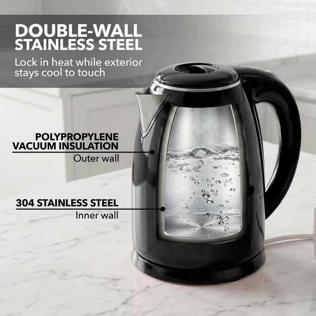 Alt view image 2 of 7 - 1.7L Double Wall Electric Tea Kettle, 1100W Power, Black KD64B | Water Boiler with Cool-Touch Exterior, Stainless Steel Interior, Auto Shut-Off, Boil-Dry Protection & Locking Lid, Easy Clean