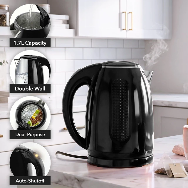 Alt view image 7 of 7 - 1.7L Double Wall Electric Tea Kettle, 1100W Power, Black KD64B | Water Boiler with Cool-Touch Exterior, Stainless Steel Interior, Auto Shut-Off, Boil-Dry Protection & Locking Lid, Easy Clean