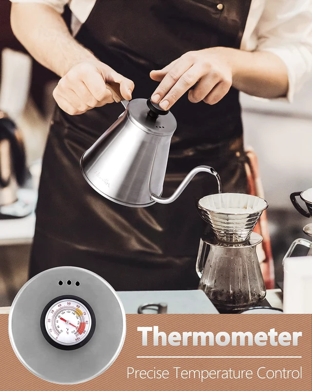 Alt view image 2 of 6 - Gooseneck Kettle with Thermometer for Pour Over Coffee and Tea, 37 fl oz, Stainless Steel, Durable 3-Layer Base, Ideal Spout for Precision Pouring, Compatible with all Stove Tops