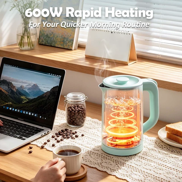 Alt view image 3 of 7 - Small Electric Kettle 0.8L, 600W, 304 Stainless Steel Inner, Green | Auto Shut-Off, Boil Dry Protection, BPA-Free, Fast Water Heater for Dorm Office Travel
