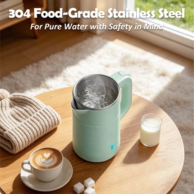 Alt view image 4 of 7 - Small Electric Kettle 0.8L, 600W, 304 Stainless Steel Inner, Green | Auto Shut-Off, Boil Dry Protection, BPA-Free, Fast Water Heater for Dorm Office Travel