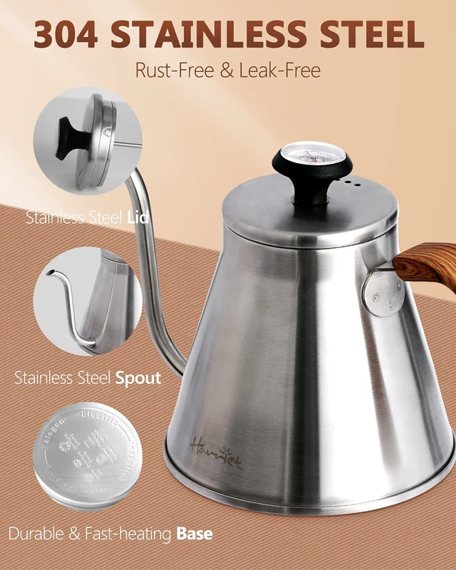 Alt view image 5 of 6 - Gooseneck Kettle with Thermometer for Pour Over Coffee and Tea, 37 fl oz, Stainless Steel, Durable 3-Layer Base, Ideal Spout for Precision Pouring, Compatible with all Stove Tops