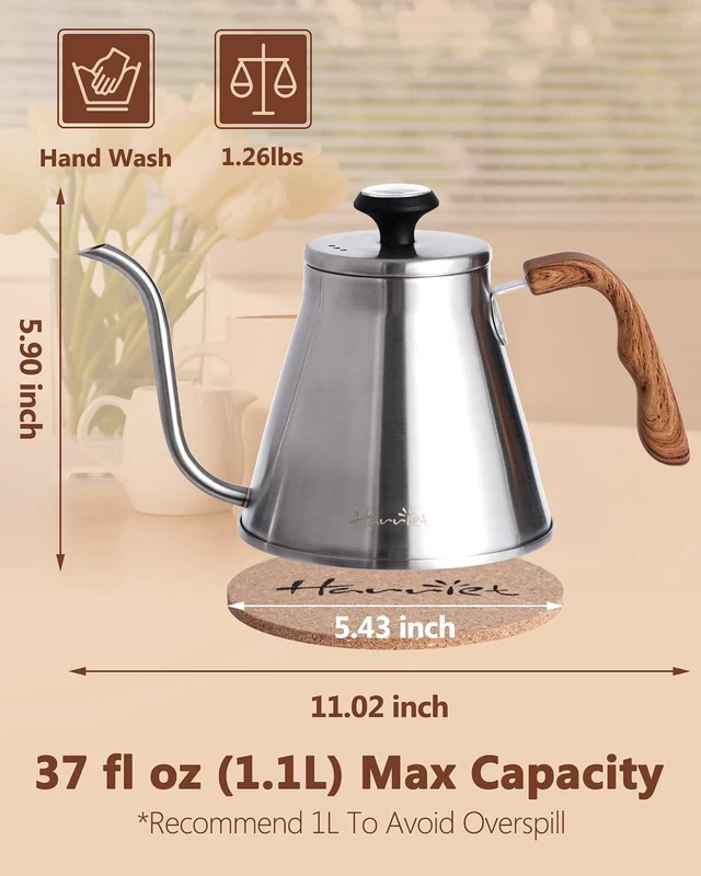 Alt view image 4 of 6 - Gooseneck Kettle with Thermometer for Pour Over Coffee and Tea, 37 fl oz, Stainless Steel, Durable 3-Layer Base, Ideal Spout for Precision Pouring, Compatible with all Stove Tops