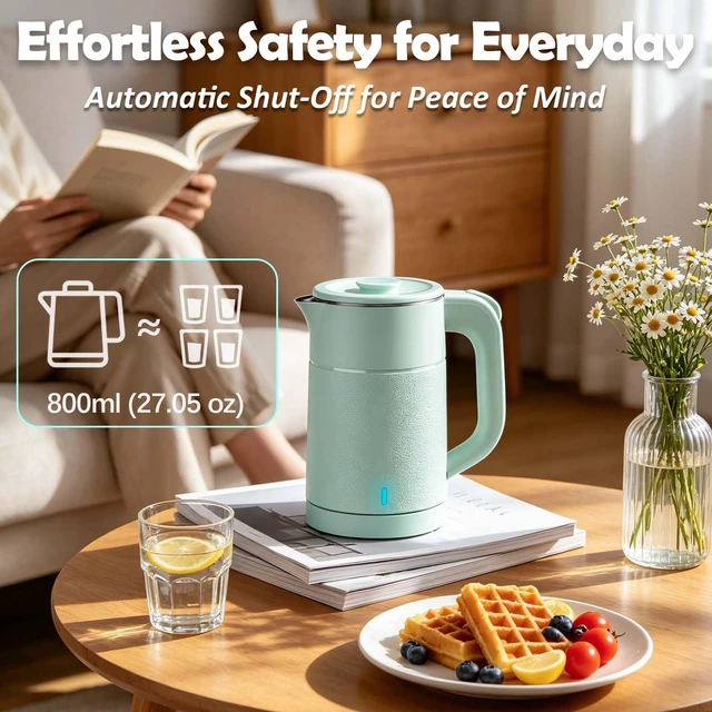 Alt view image 6 of 7 - Small Electric Kettle 0.8L, 600W, 304 Stainless Steel Inner, Green | Auto Shut-Off, Boil Dry Protection, BPA-Free, Fast Water Heater for Dorm Office Travel