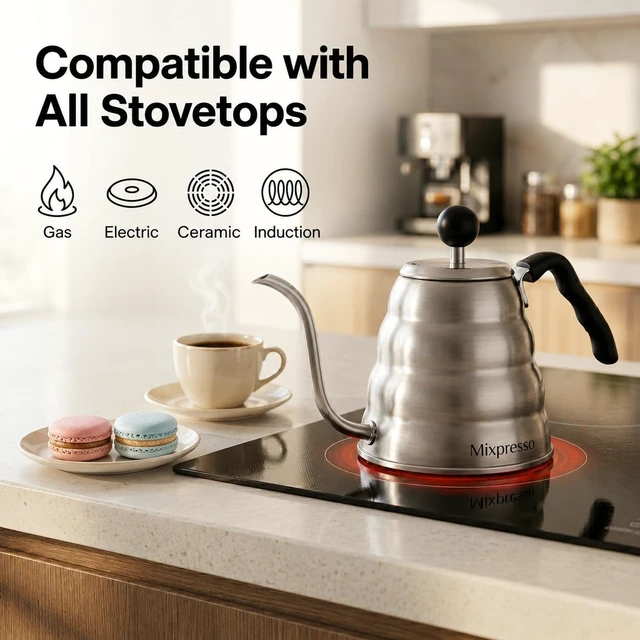 Alt view image 3 of 7 - Gooseneck Kettle, 40 Oz Pour Over Coffee Kettle, Stainless Steel | Stovetop Kettle with Barista Pour Control, 1.2L Design for Coffee & Tea, Compatible with Induction Cooktops