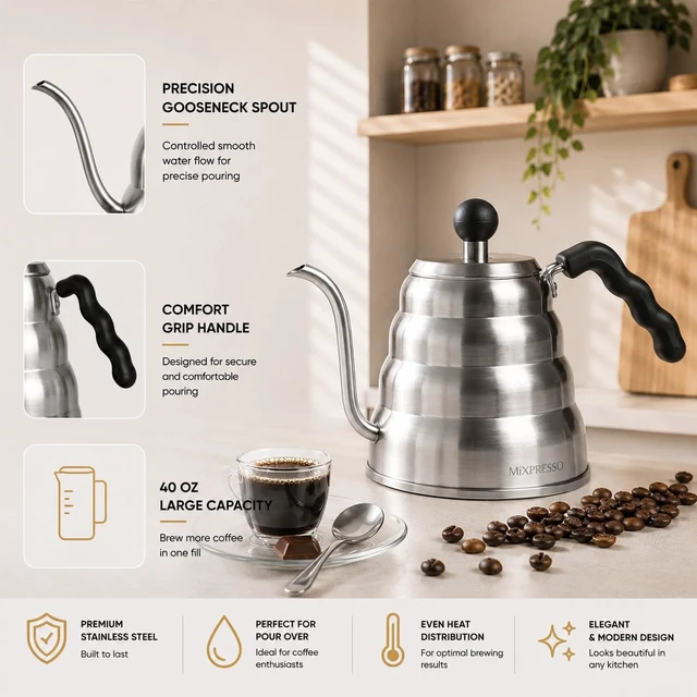 Alt view image 4 of 7 - Gooseneck Kettle, 40 Oz Pour Over Coffee Kettle, Stainless Steel | Stovetop Kettle with Barista Pour Control, 1.2L Design for Coffee & Tea, Compatible with Induction Cooktops