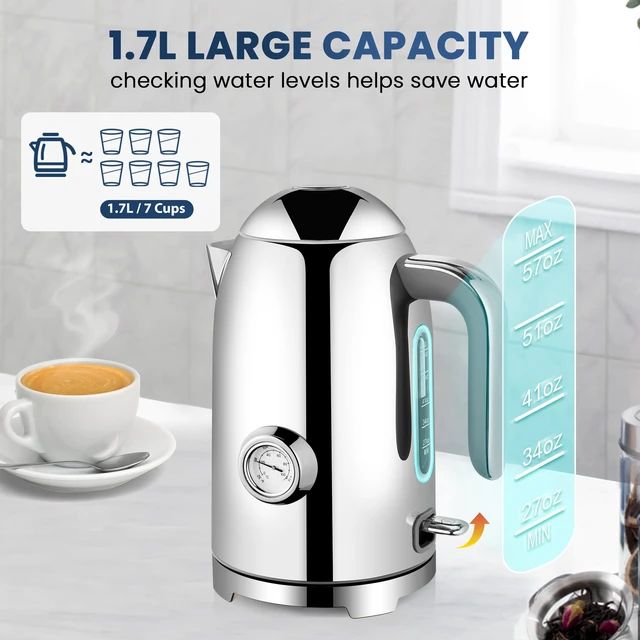 Alt view image 5 of 7 - Electric Kettle, Glossy Silver, 57oz | With Thermometer, Hot Water Pot