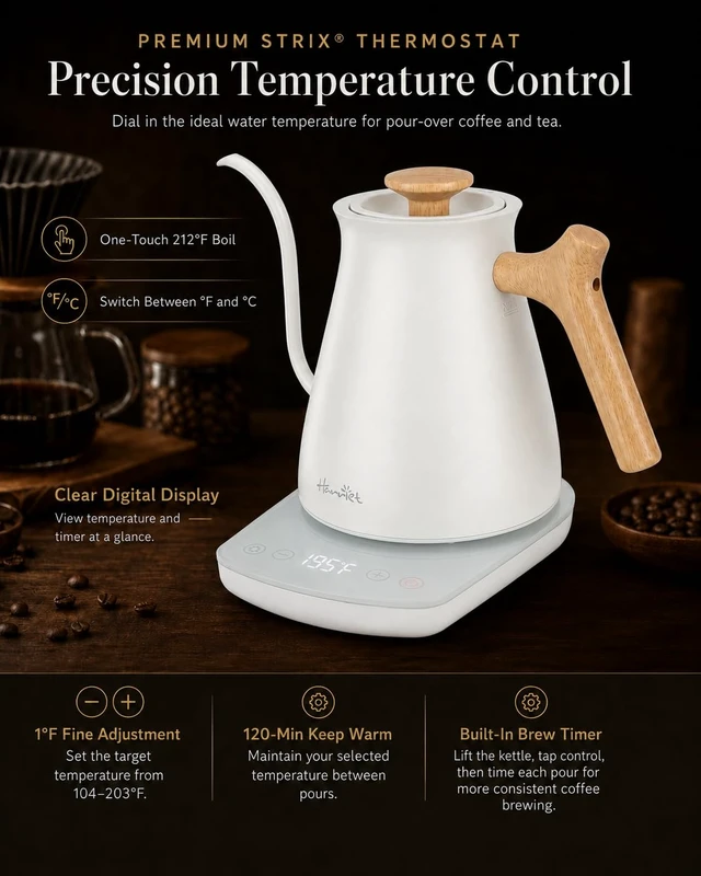 Alt view image 2 of 7 - Gooseneck Electric Kettle, 0.8L, 1°F Control, Brew Timer | 120-Min Keep Warm, 104203°F Control, Built-In Brew Timer, SUS304 Stainless Steel, Wood-Accent Handle for Pour-Over Coffee