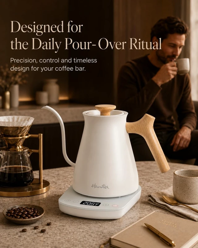 Alt view image 3 of 7 - Gooseneck Electric Kettle, 0.8L, 1°F Control, Brew Timer | 120-Min Keep Warm, 104203°F Control, Built-In Brew Timer, SUS304 Stainless Steel, Wood-Accent Handle for Pour-Over Coffee