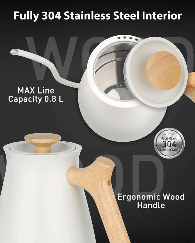 Alt view image 5 of 7 - Gooseneck Electric Kettle, 0.8L, 1°F Control, Brew Timer | 120-Min Keep Warm, 104203°F Control, Built-In Brew Timer, SUS304 Stainless Steel, Wood-Accent Handle for Pour-Over Coffee
