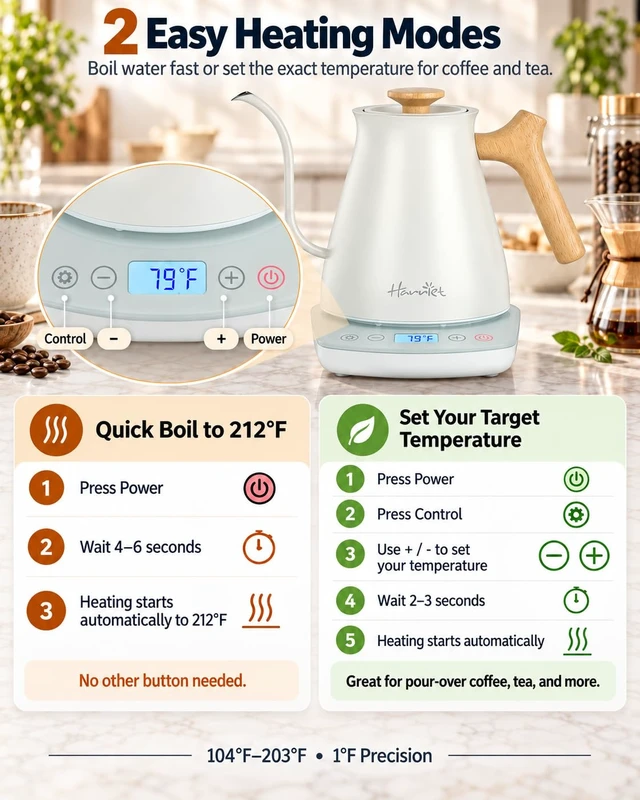 Alt view image 4 of 7 - Gooseneck Electric Kettle, 0.8L, 1°F Control, Brew Timer | 120-Min Keep Warm, 104203°F Control, Built-In Brew Timer, SUS304 Stainless Steel, Wood-Accent Handle for Pour-Over Coffee