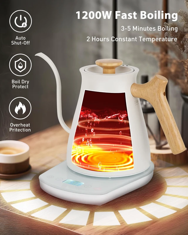 Alt view image 6 of 7 - Gooseneck Electric Kettle, 0.8L, 1°F Control, Brew Timer | 120-Min Keep Warm, 104203°F Control, Built-In Brew Timer, SUS304 Stainless Steel, Wood-Accent Handle for Pour-Over Coffee