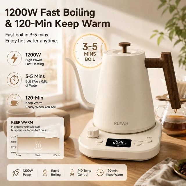 Alt view image 4 of 7 - Gooseneck Electric Kettle with Temperature Control - 0.8L Automatic Shut Off Tea & Coffee Kettle, Hot Water Boiler Pour Over Coffee Kettle, 1200W Quick Heating Keep Warm, Bone White