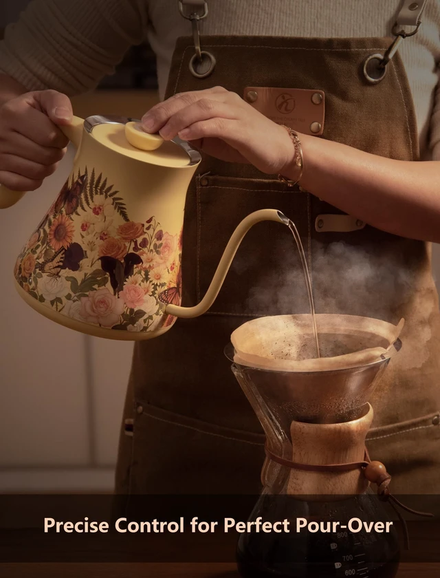 Alt view image 2 of 7 - 0.8L Gooseneck Electric Kettle, ±1°F Temperature Control, Floral | 1200W Fast Boiling, 1-Hour Keep Warm, 5-Min Brew Timer, 304 Stainless Steel Interior, for Pour Over Coffee & Tea