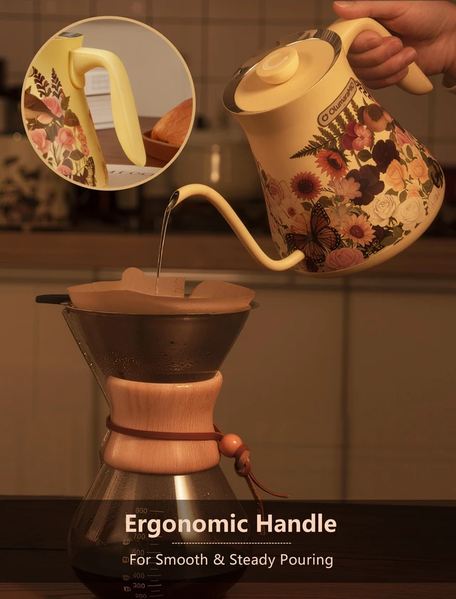 Alt view image 3 of 7 - 0.8L Gooseneck Electric Kettle, ±1°F Temperature Control, Floral | 1200W Fast Boiling, 1-Hour Keep Warm, 5-Min Brew Timer, 304 Stainless Steel Interior, for Pour Over Coffee & Tea