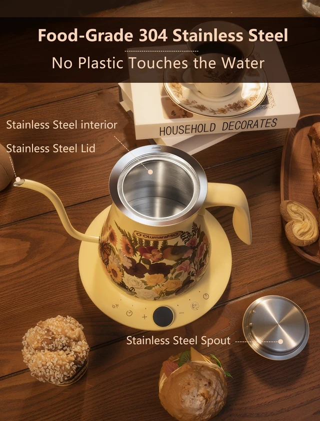 Alt view image 4 of 7 - 0.8L Gooseneck Electric Kettle, ±1°F Temperature Control, Floral | 1200W Fast Boiling, 1-Hour Keep Warm, 5-Min Brew Timer, 304 Stainless Steel Interior, for Pour Over Coffee & Tea