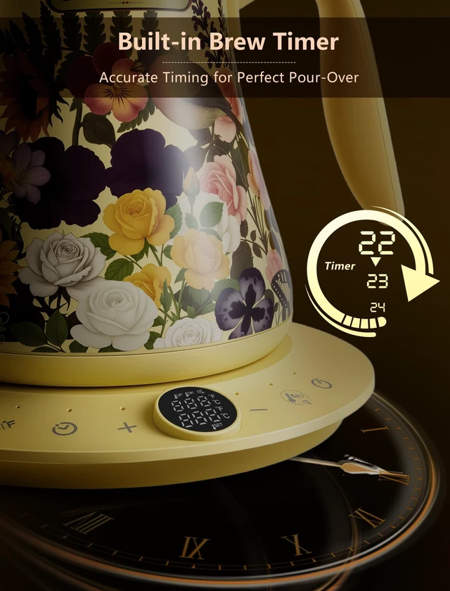 Alt view image 6 of 7 - 0.8L Gooseneck Electric Kettle, ±1°F Temperature Control, Floral | 1200W Fast Boiling, 1-Hour Keep Warm, 5-Min Brew Timer, 304 Stainless Steel Interior, for Pour Over Coffee & Tea