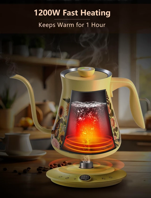 Alt view image 7 of 7 - 0.8L Gooseneck Electric Kettle, ±1°F Temperature Control, Floral | 1200W Fast Boiling, 1-Hour Keep Warm, 5-Min Brew Timer, 304 Stainless Steel Interior, for Pour Over Coffee & Tea