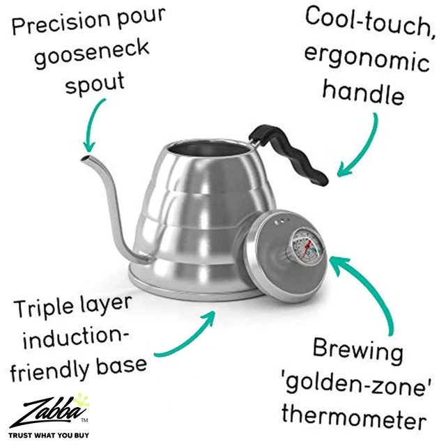 Alt view image 3 of 7 - Gooseneck Kettle with Thermometer - 34oz | Stainless Steel Pour Over Coffee Maker, Stove Top, w/Precision Drip Spout, for Drip , French Press, Tea Kettle, 4 Cup, 1L