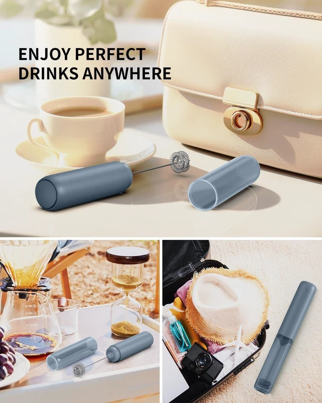 Alt view image 4 of 7 - Rechargeable Milk Frother Handheld, Dual Ring Electric Coffee Frother, Portable Hand Frother Wand Drink Mixer for Matcha Lattes Cappuccino, Kitchen Gifts, Blue