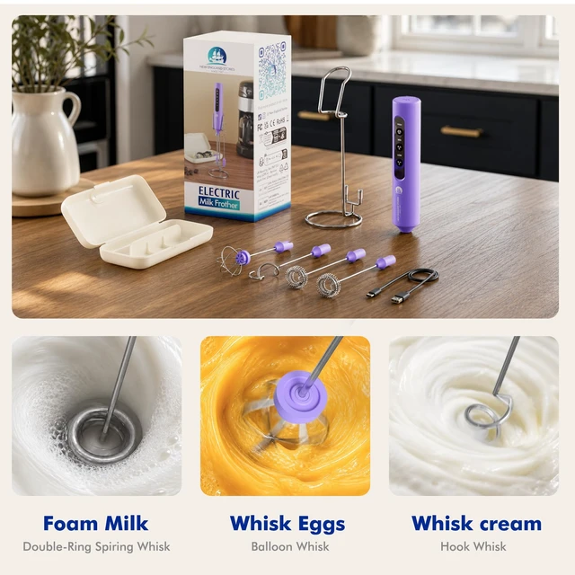 Alt view image 4 of 7 - Rechargeable Milk Frother with Stand, 4 Interchangeable Whisks & Travel Case Handheld Mixer for Lattes, Matcha, Hot Chocolate, Eggs & Protein Shakes