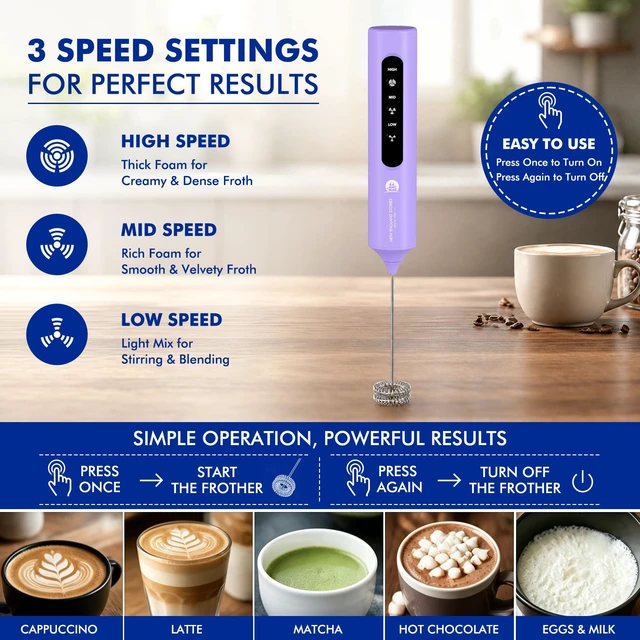 Alt view image 5 of 7 - Rechargeable Milk Frother with Stand, 4 Interchangeable Whisks & Travel Case Handheld Mixer for Lattes, Matcha, Hot Chocolate, Eggs & Protein Shakes