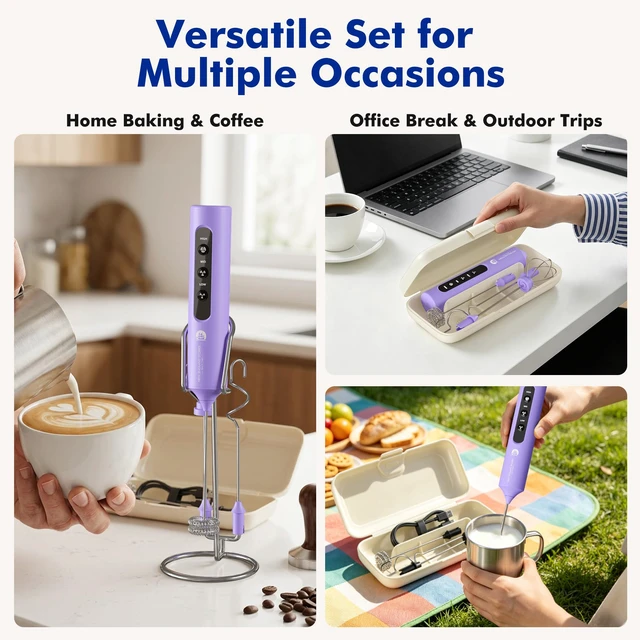 Alt view image 6 of 7 - Rechargeable Milk Frother with Stand, 4 Interchangeable Whisks & Travel Case Handheld Mixer for Lattes, Matcha, Hot Chocolate, Eggs & Protein Shakes