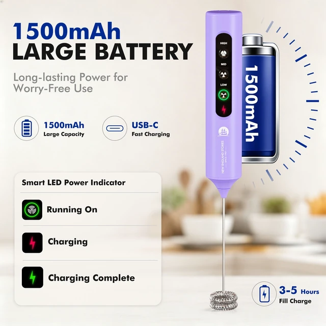 Alt view image 3 of 7 - Rechargeable Milk Frother with Stand, 4 Interchangeable Whisks & Travel Case Handheld Mixer for Lattes, Matcha, Hot Chocolate, Eggs & Protein Shakes