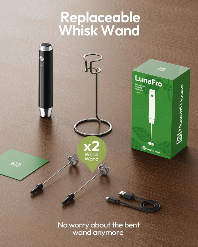 Alt view image 6 of 7 - LunaFro Rechargeable Milk Frother, Stand & 2 Detachable Whisk | 1200mAh Battery Frother for Lattes Cappuccino Matcha Powdered Supplements