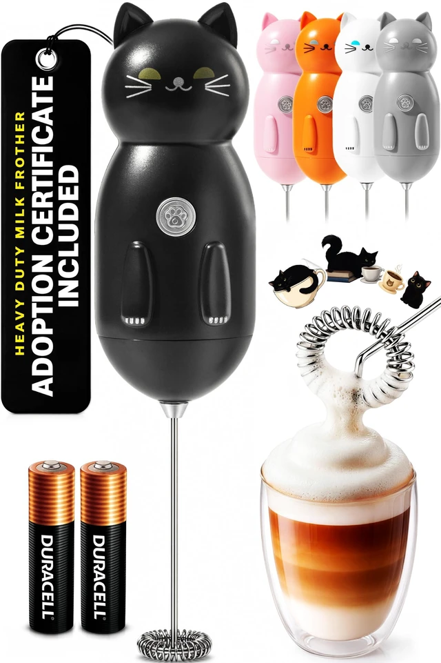 Main image of Cat-Shaped Frother Mixer Cutesy Frother, Meet Your New Frothing Buddy Midnight The Cat, Adoption Papers and Stickers Included, Purrr-fect for Lattes, Cappuccino & Matcha Black