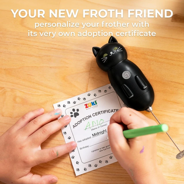 Alt view image 3 of 7 - Cat-Shaped Frother Mixer Cutesy Frother, Meet Your New Frothing Buddy Midnight The Cat, Adoption Papers and Stickers Included, Purrr-fect for Lattes, Cappuccino & Matcha Black