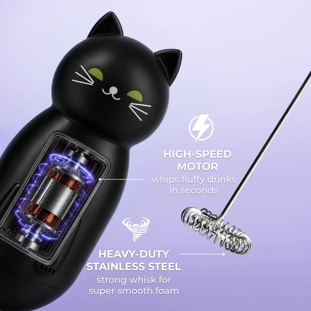Alt view image 6 of 7 - Cat-Shaped Frother Mixer Cutesy Frother, Meet Your New Frothing Buddy Midnight The Cat, Adoption Papers and Stickers Included, Purrr-fect for Lattes, Cappuccino & Matcha Black