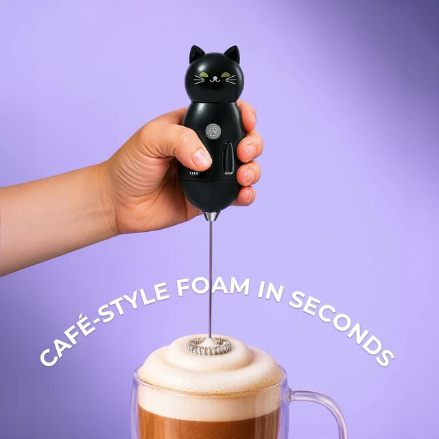 Alt view image 7 of 7 - Cat-Shaped Frother Mixer Cutesy Frother, Meet Your New Frothing Buddy Midnight The Cat, Adoption Papers and Stickers Included, Purrr-fect for Lattes, Cappuccino & Matcha Black