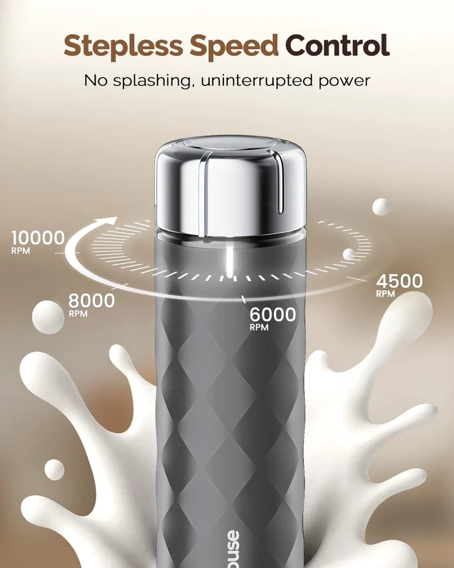Alt view image 3 of 7 - LunaFro 2.0 Rechargeable Milk Frother, Stepless Speed Control | 1200mAh lithium battery Frother Handheld, IPX4, Stand & 2 Detachable Whisk for Lattes, Cappuccino, Matcha & Protein powder