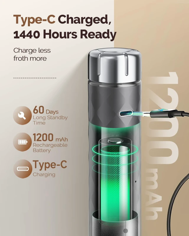 Alt view image 5 of 7 - LunaFro 2.0 Rechargeable Milk Frother, Stepless Speed Control | 1200mAh lithium battery Frother Handheld, IPX4, Stand & 2 Detachable Whisk for Lattes, Cappuccino, Matcha & Protein powder