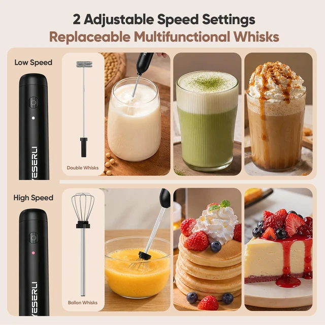 Alt view image 4 of 7 - Rechargeable Milk Frother Handheld-2000mAh Battery | Frother Wand with Dual Detachable Whisk Heads, 2 Speeds, IPX6 Waterproof Drink Mixer & Stand for Latte, Cappuccino, Matcha