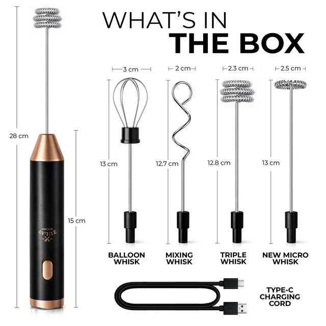 Alt view image 7 of 7 - Rechargeable Milk Frother Handheld - Frother Wand, Drink Mixer, Electric Whisk Frother, for Cappuccinos, Matcha & Protein Powder - Ultra Metal 4 Whisk, 1800mAh Black Copper