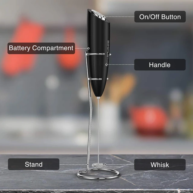 Alt view image 6 of 7 - Milk Frother Handheld Electric Foam Maker Battery Operated | Drink Mixer with Stainless Steel Whisk for Cappuccino, Bulletproof Coffee, Latte, Black, with Stand