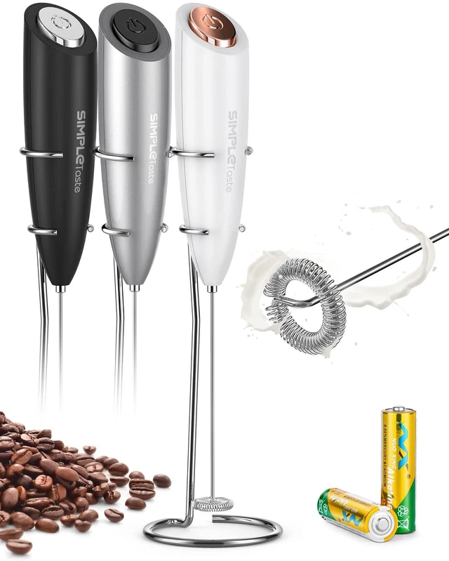 Main image of Milk Frother Handheld Electric Foam Maker Battery Operated | Drink Mixer with Stainless Steel Whisk for Cappuccino, Bulletproof Coffee, Latte, White, with Stand