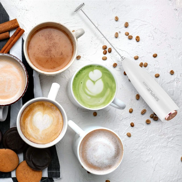 Alt view image 4 of 7 - Milk Frother Handheld Electric Foam Maker Battery Operated | Drink Mixer with Stainless Steel Whisk for Cappuccino, Bulletproof Coffee, Latte, White, with Stand