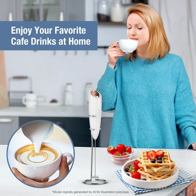Alt view image 3 of 7 - Milk Frother Handheld Electric Foam Maker Battery Operated | Drink Mixer with Stainless Steel Whisk for Cappuccino, Bulletproof Coffee, Latte, White, with Stand