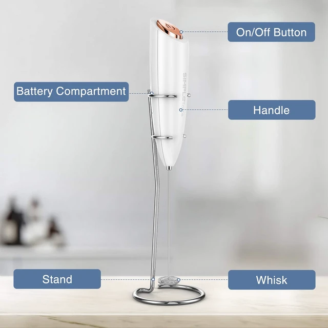 Alt view image 6 of 7 - Milk Frother Handheld Electric Foam Maker Battery Operated | Drink Mixer with Stainless Steel Whisk for Cappuccino, Bulletproof Coffee, Latte, White, with Stand