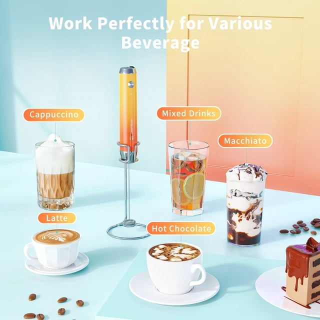 Alt view image 7 of 7 - LunaFro Rechargeable Milk Frother,Stand & 2 Detachable Whisks | 8000RPM Turbo Motor, 1200mAh lithium battery, Handheld Milk Frother for Lattes, Cappuccino, Matcha & Powdered Supplements
