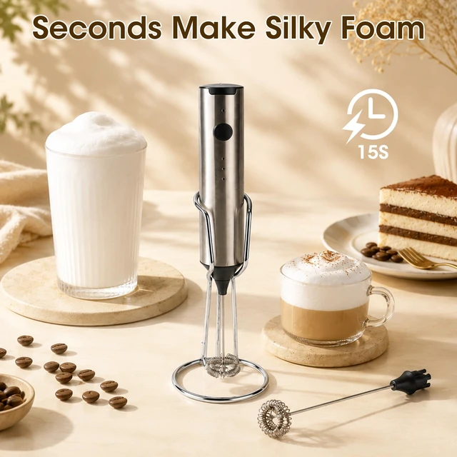 Alt view image 2 of 7 - Milk Frother Handheld, Electric Milk Foamer with 2 Whisks & 3 Speeds, USB-C Rechargeable Stainless Steel Drink Mixer, Mini Egg Beater for Latte Cappuccino Matcha Hot Chocolate Protein Shake, Silver