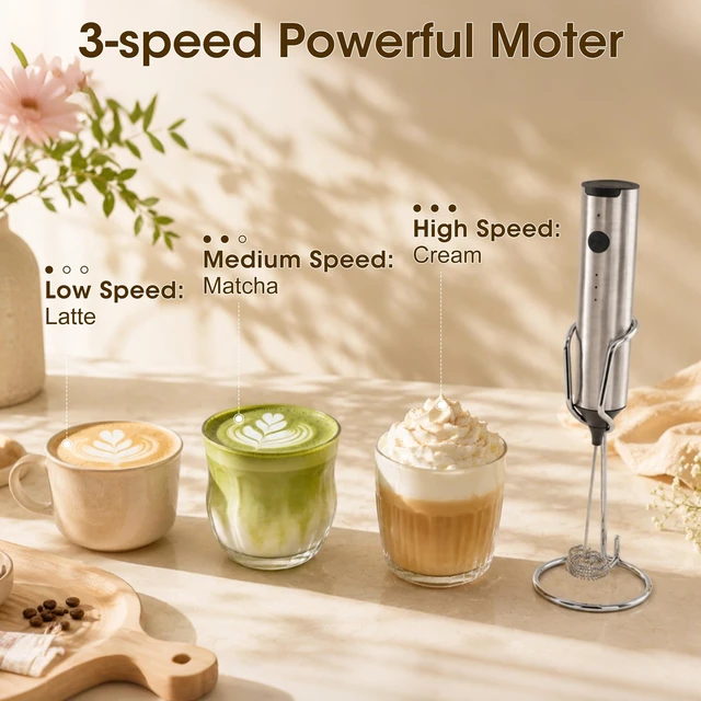 Alt view image 3 of 7 - Milk Frother Handheld, Electric Milk Foamer with 2 Whisks & 3 Speeds, USB-C Rechargeable Stainless Steel Drink Mixer, Mini Egg Beater for Latte Cappuccino Matcha Hot Chocolate Protein Shake, Silver