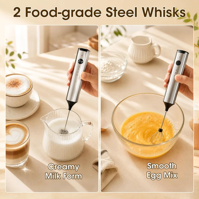 Alt view image 5 of 7 - Milk Frother Handheld, Electric Milk Foamer with 2 Whisks & 3 Speeds, USB-C Rechargeable Stainless Steel Drink Mixer, Mini Egg Beater for Latte Cappuccino Matcha Hot Chocolate Protein Shake, Silver