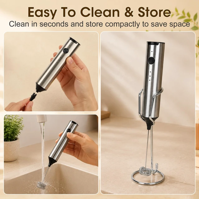 Alt view image 6 of 7 - Milk Frother Handheld, Electric Milk Foamer with 2 Whisks & 3 Speeds, USB-C Rechargeable Stainless Steel Drink Mixer, Mini Egg Beater for Latte Cappuccino Matcha Hot Chocolate Protein Shake, Silver