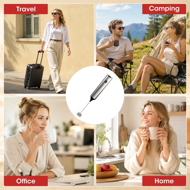 Alt view image 7 of 7 - Milk Frother Handheld, Electric Milk Foamer with 2 Whisks & 3 Speeds, USB-C Rechargeable Stainless Steel Drink Mixer, Mini Egg Beater for Latte Cappuccino Matcha Hot Chocolate Protein Shake, Silver