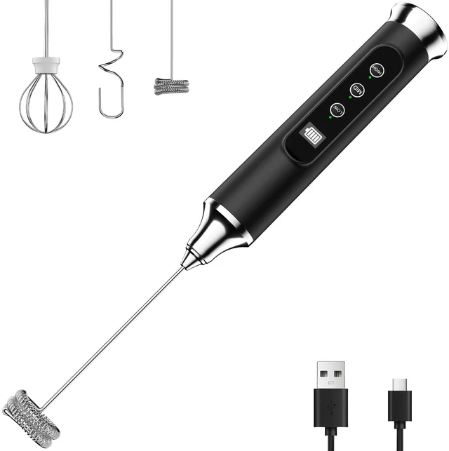 Main image of Milk Frother Wand for Coffee, Coffee Frother Handheld Drink Mixer | Rechargeable Mixer Wand, Waterproof Electric Whisk for Protein Powder, Lattes, Cappuccino, 3 Variable Speeds 3 Whisks, Black