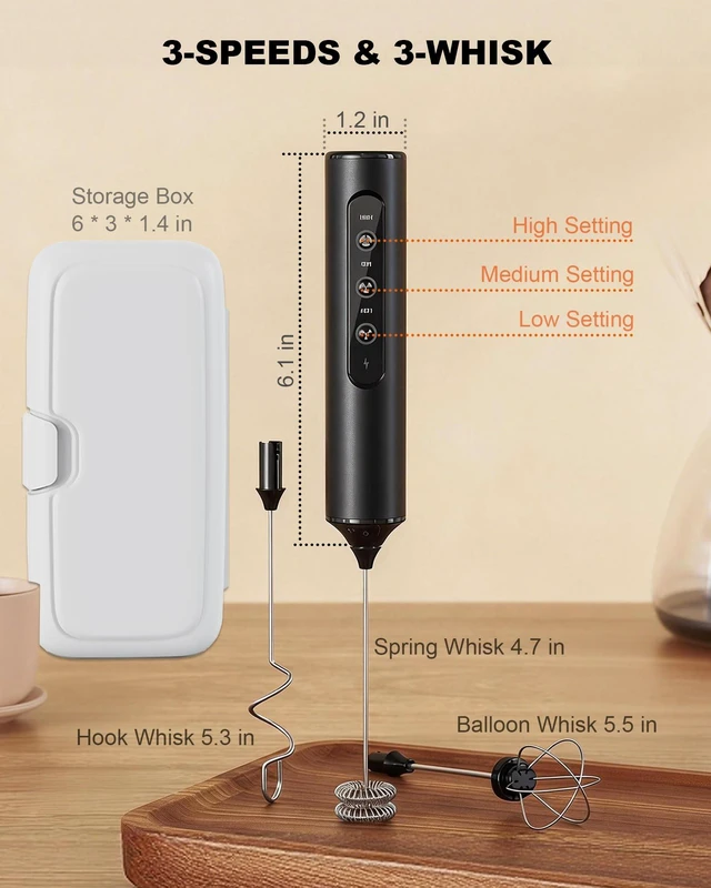 Alt view image 2 of 7 - 3-Speed Rechargeable Electric Milk Frother Handheld Foam Maker | 3 Interchangeable Whisks & Travel Case, Handheld Mixer for Lattes, Matcha, Hot Chocolate & Eggs, Kitchen Gifts